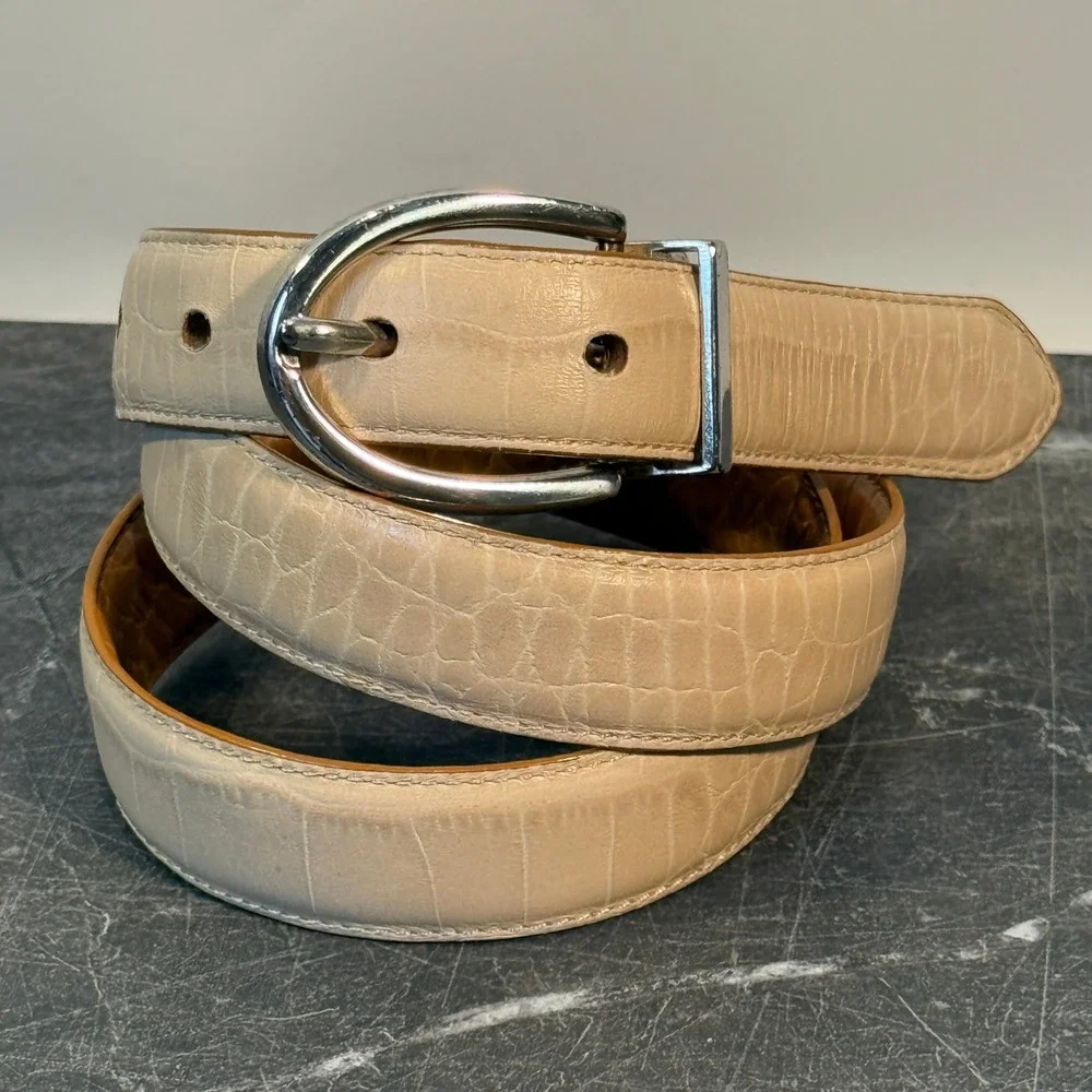Lauren‎ Ralph Lauren Reversible Croc Embossed Belt Tan Cream Silver Buckle - 32